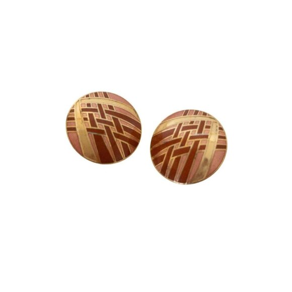 Vintage Jewelry - Vintage Damascene Earrings Round Gold & Brown Geometric Design